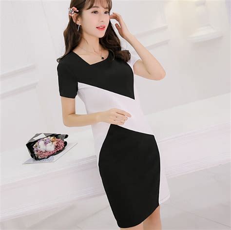 Korean Summer Dress Women Clothing Bodycon Dress Slim Short Sleeve Black White Stripe Parchwork