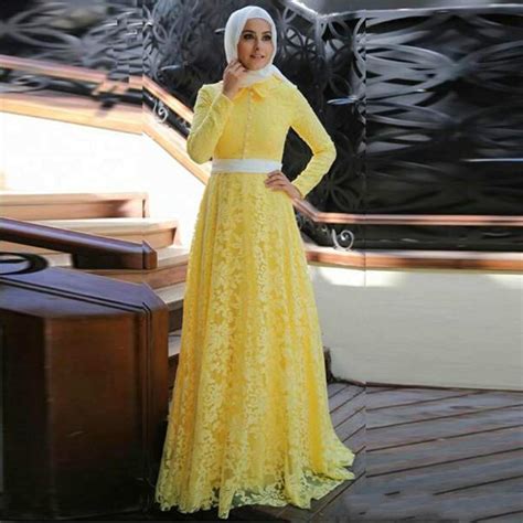 2017 elegant yellow lace muslim evening dress with hijab middle east party dresses long sleeves