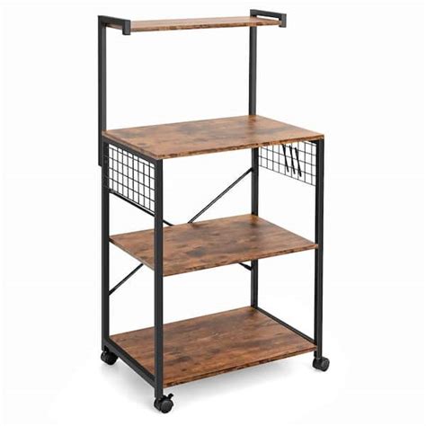 Costway Brown 4 Tier Rolling Bakers Rack Industrial Utility Microwave Oven Stand Cart With Hooks