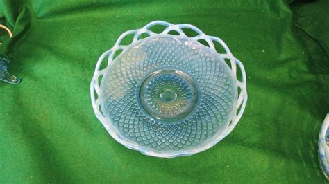 Vintage Imperial Glass Katy Blue Diamond Point Opalescent Open Lace