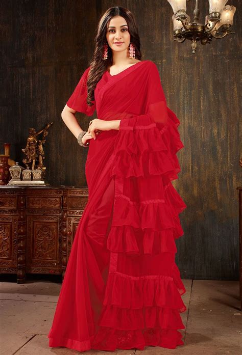 Red Georgette Designer Ruffle Saree Party Wear Sarees Fancy Sarees Georgette Sarees