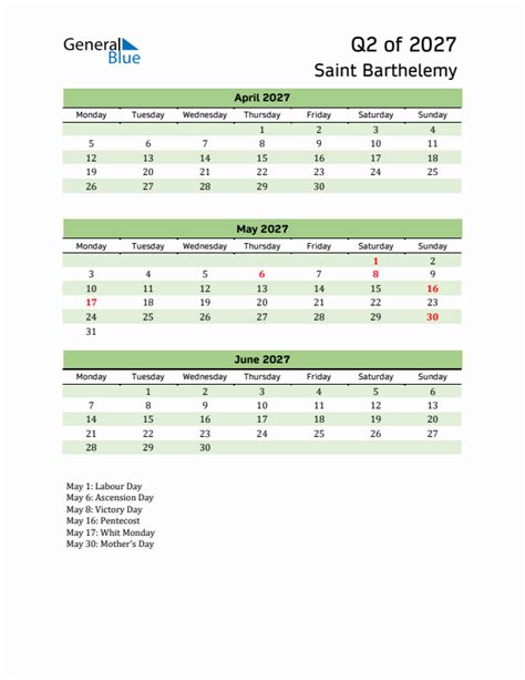 Three Month Calendar For Saint Barthelemy Q2 Of 2027