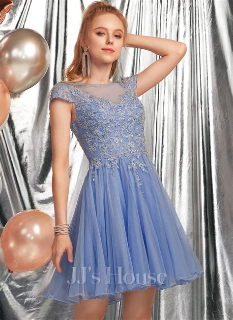 A Line Scoop Shortmini Tulle Homecoming Dress With Beading Appliques