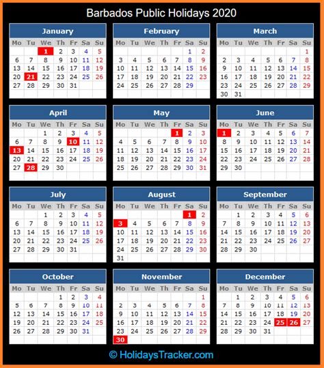 Selangor public holidays 2020 also include the days of celebration that are marked with some significance and historic value that will also have selangor calendar 2020 with holidays is available for everyone and can be viewed online anytime and can also be downloaded to view anytime. Barbados Public Holidays 2020 - Holidays Tracker