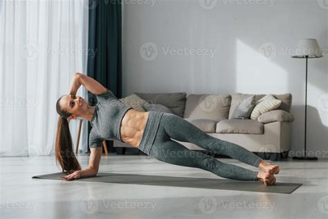 Stretching Exercises Young Woman With Slim Body Type And In Yoga