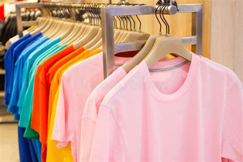 Colorful T Shirt On Hangers For Sale Stock Photo Image Of Rack