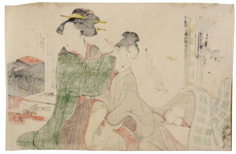 attributed to kitagawa utamaro 1754 1806 an amorous couple beside folding screen and sewing