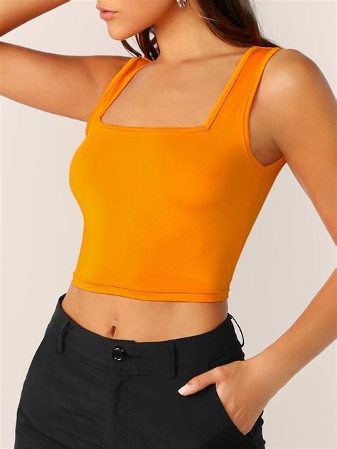 Neon Orange Slim Fitted Crop Tank Top Shein Usa With Images