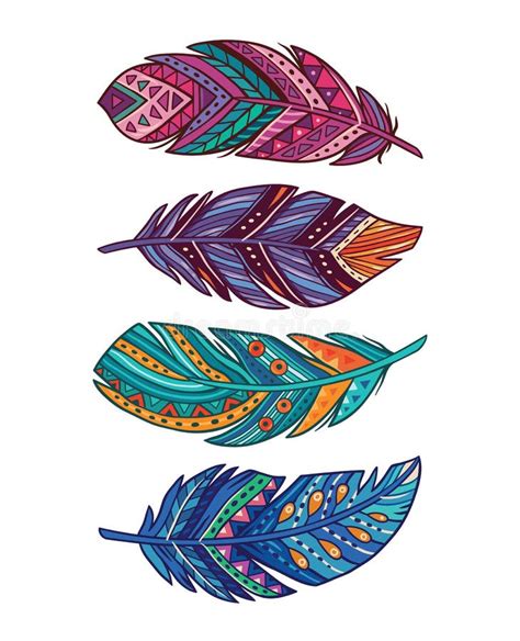 Vector Set Of Colored Ornate Decorative Feathers Stock Vector