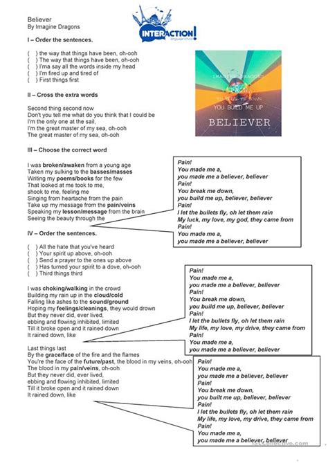 Believer By Imagine Dragons English Esl Worksheets For Distance