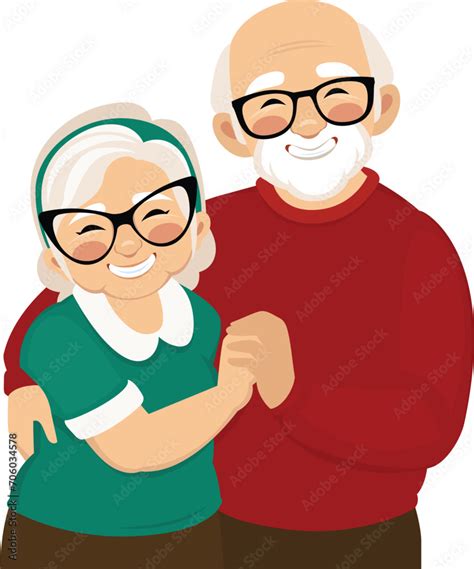Vector Cartoon Illustration Portrait Of An Old Loving Couple Granny And Grandpa Hugging Stock