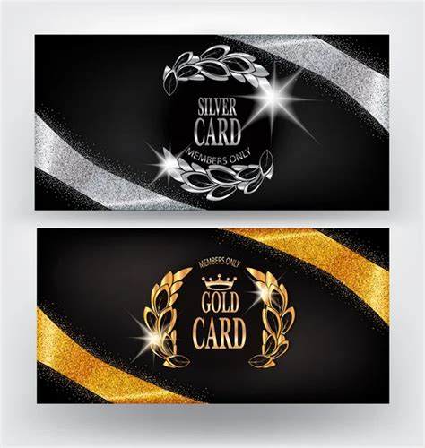 Set Of Elegant Vip Cards With Gold Sparkling Ribbons And Crowns Stock