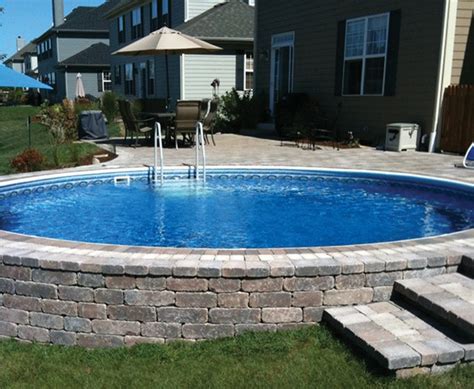 Radiant Round Semi In Ground Pool With Pavers Traditional Swimming