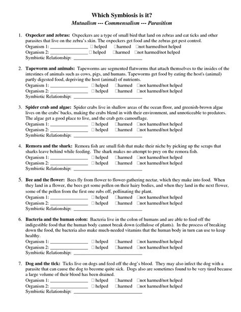 Symbiotic Relationship Worksheet Answers Printable Word Searches