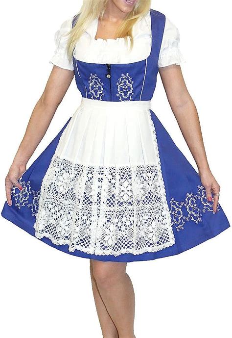 Buy 3 Piece Blue Short Knee Length German Women Embroidered Oktoberfest Dirndl Dress With Lace