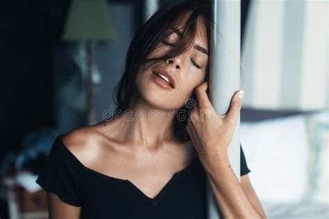 Portrait Of Sensual Brunette Girl With Closed Eyes And Natural Make Up Stock Image Image Of