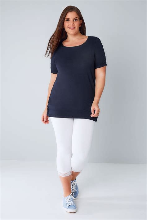 White Tummy Control Cropped Leggings With Lace Trim Plus Size
