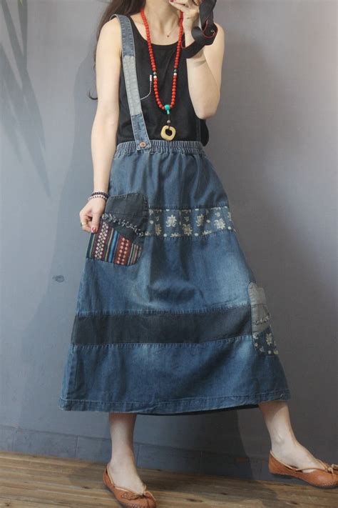 Floral Patchwork Maxi Suspender Skirt Vintage Jean Skirt In Dark Blue