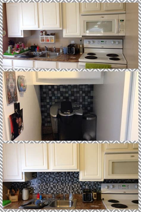 Repainted kitchen & living room. Our new backsplash. Tiles from Menards. | Happy kitchen ...