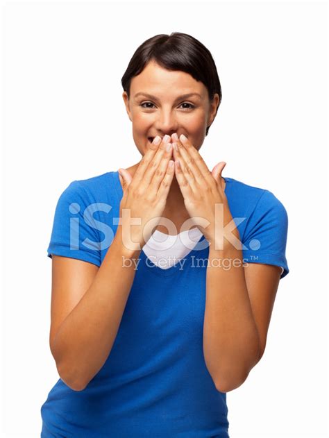 Female Smiling With Hands Over Mouth Isolated Stock Photo Royalty