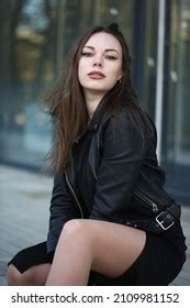 Sexy Brunette Girl Outdoor Portrait Black Stock Photo