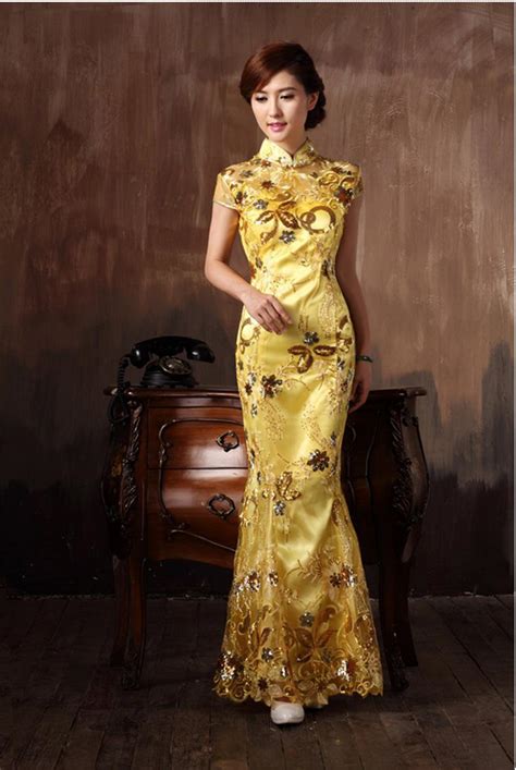 Chinese Wedding Dress Cheongsam Long Lace Flowers Embroidery Mermaid