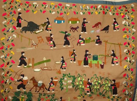 hmong-story-quilt-embroidery-work-village-life-people-handmade-needlework-village-life,-animal