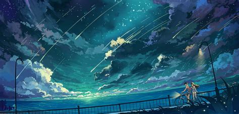 Hd Wallpaper Sky Stars Night Clouds Bicycle Anime Sea Anime