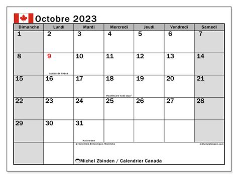 Calendriers Octobre 2023 à Imprimer Michel Zbinden Ca