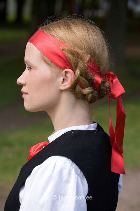 Close Up Of Young Woman In Estonian National Costume Wearing Headband Folk Costume Estonian
