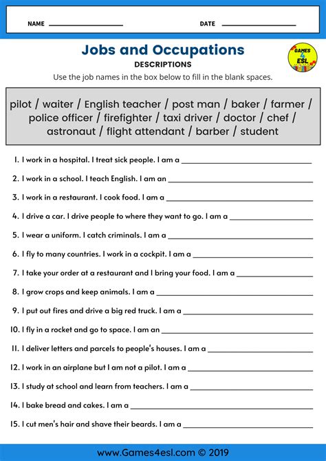 Job Descriptions | ESL Worksheet For Beginners | English lessons for