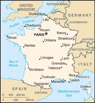 Regions list of france with capital and administrative centers are marked. Map of France