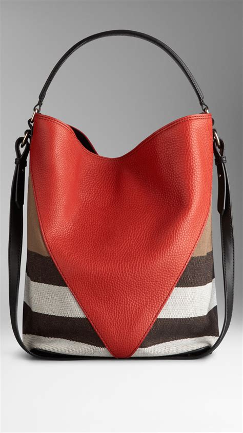 Lyst Burberry Medium Canvas Check Leather Chevron Hobo Bag In Red