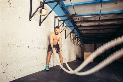 Men With Battle Rope Battle Ropes Exercise In Fitness Gym Stock Image