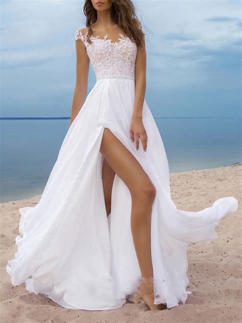 White Patchwork Lace V Neck Backless Slit Party Elegant Beach Wedding