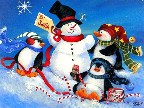 Penguins Playtime Xmas New Year Christmas Paintings Cute Winter