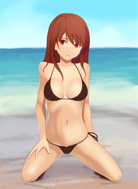 Wallpaper Sea Long Hair Anime Girls Brunette Beach Cartoon Black Hair Red Eyes Bikini