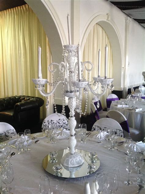 White Chandelier Table Centrepiece With Candles Houseofthebride