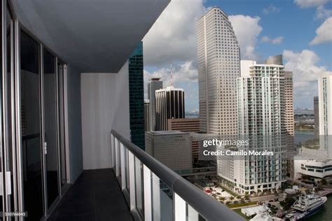 Balcony Overlooking High Rises In Urban Cityscape Miami Florida United