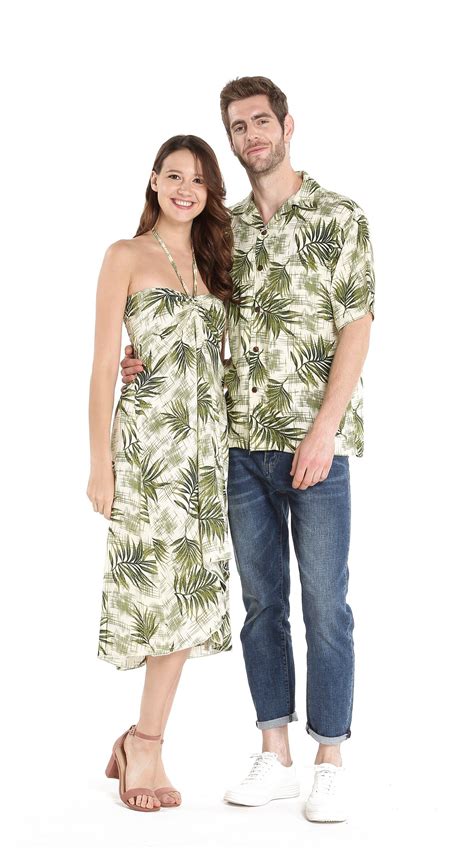 Couple Matching Hawaiian Luau Cruise Party Outfit Shirt Dress In Leaf