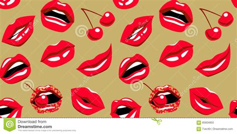 Mouth With Kiss Smile Teeth And Cherry Pop Art Red Lips With Red