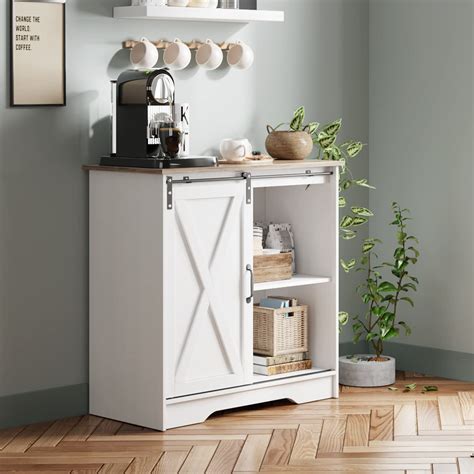 Buy Farmhouse Coffee Bar Cabinet White Modern Kitchen Sliding Barn Door