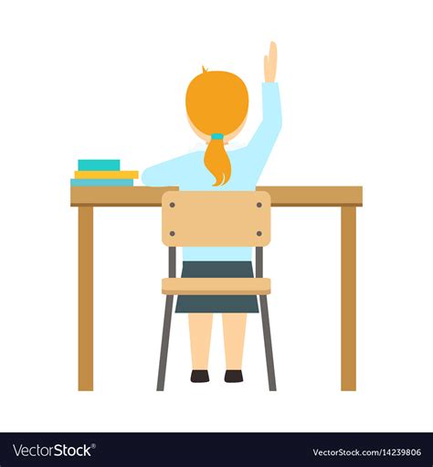 Girl Raising Hand Sitting At Desk In Royalty Free Vector