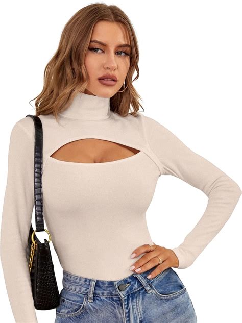 Forefair Women S Fitted Long Sleeve Sexy Cut Out Shirts Turtleneck