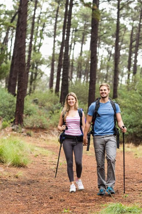 Young Happy Hiker Couple Hiking Stock Image Image Of Hands Cheerful