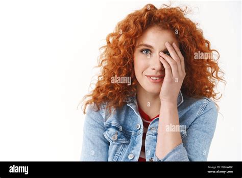 Tender Sensual Feminine Redhead European Woman Close Half Face Look Gentle Happy Camera Smiling