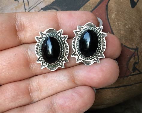 Vintage Navajo Bruce Wood Sterling Silver Black Onyx Post Earrings