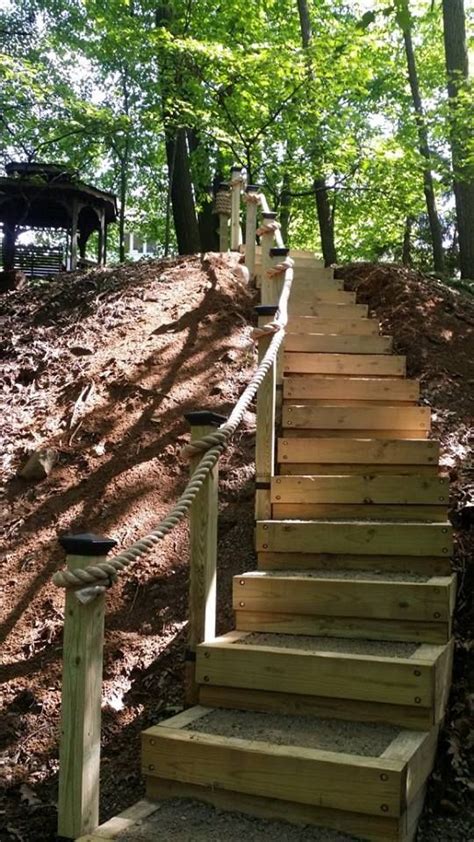 Building stairway codes specify the size and placement requirements for safe, accessible stairway landings & platforms. Box Wood Steps on steep hill #411 gravel fill. 4x6 & 4x4 ...