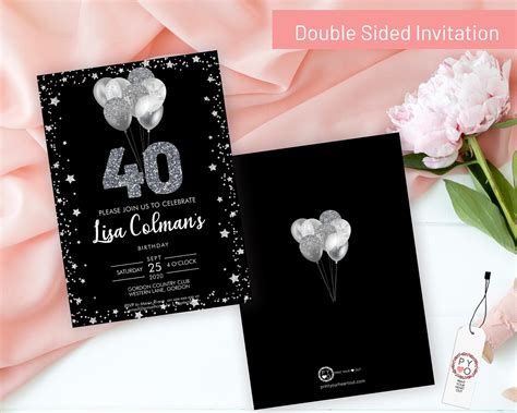 Diy 40th Birthday Balloons Invitation Printable Template Black Silver