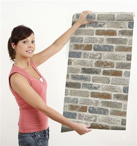 Gw1003 Washed Faux Brick Wallpaper Peel And Stick White Gray Brown